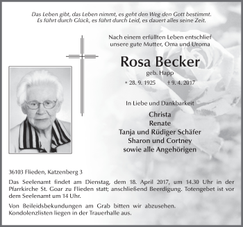 Traueranzeige von Rosa Becker 