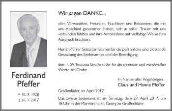 Traueranzeige von Ferdinand Pfeffer 