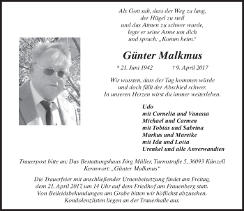 Traueranzeige von Günter Malkmus 