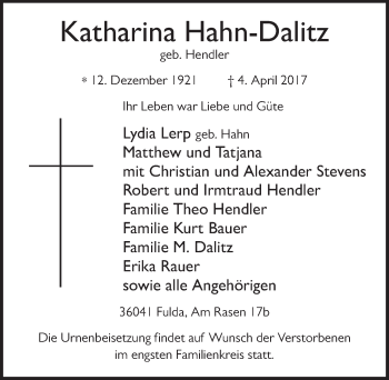 Traueranzeige von Katharina Hahn-Dalitz 
