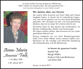 Traueranzeige von Anna Maria Falk 