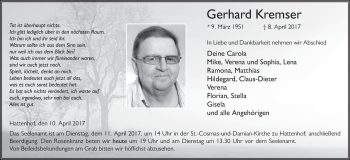 Traueranzeige von Gerhard Kremser 