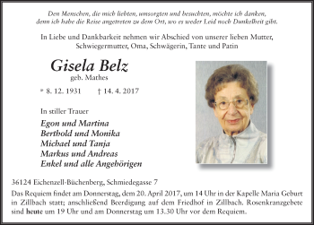 Traueranzeige von Gisela Belz 
