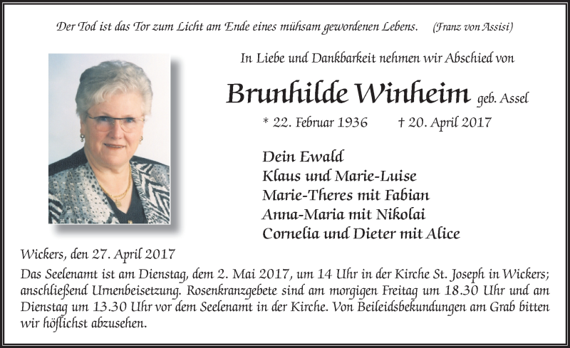  Traueranzeige für Brunhilde Winheim vom 27.04.2017 aus 