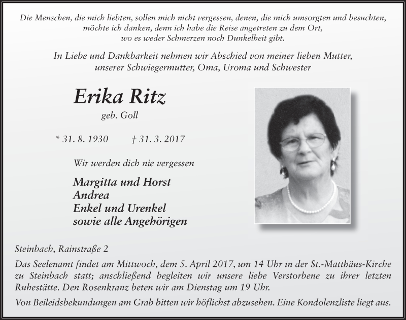  Traueranzeige für Erika Ritz vom 03.04.2017 aus 