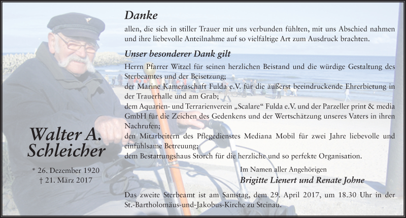  Traueranzeige für Walter A. Schleicher vom 26.04.2017 aus 