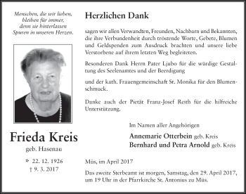 Traueranzeige von Frieda Kreis 