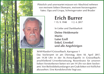 Traueranzeige von Erich Burrer 