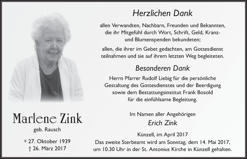  Traueranzeige für Marlene Zink vom 25.04.2017 aus 