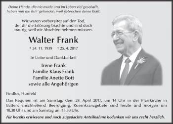Traueranzeige von Walter Frank 