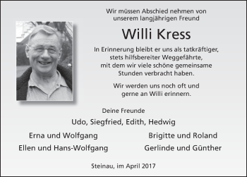 Traueranzeige von Willi Kress 