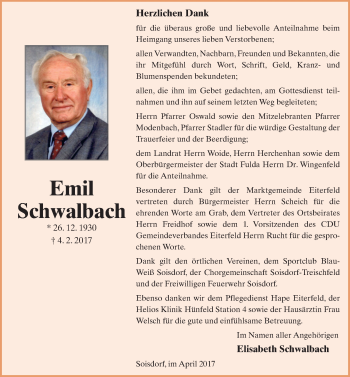 Traueranzeige von Emil Schwalbach 