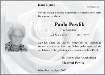 Traueranzeige von Paula Pawlik 