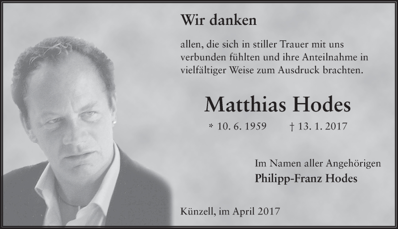  Traueranzeige für Matthias Hodes vom 15.04.2017 aus 