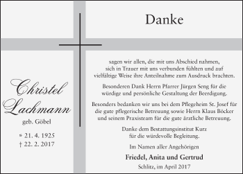 Traueranzeige von Christel Lachmann 