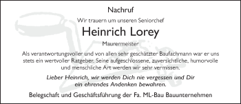 Traueranzeige von Heinrich Lorey 