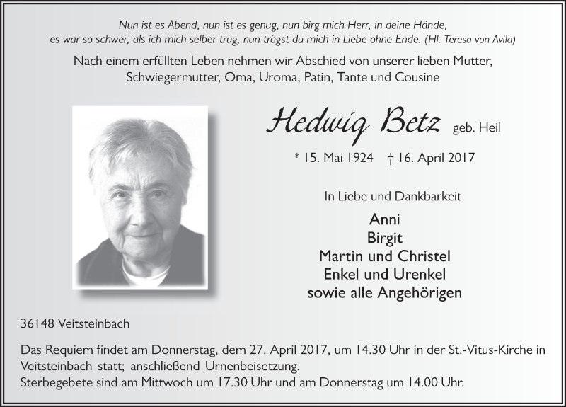  Traueranzeige für Hedwig Betz vom 25.04.2017 aus 