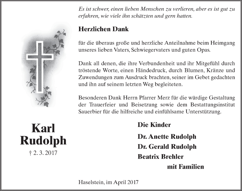  Traueranzeige für Karl Rudolph vom 08.04.2017 aus 