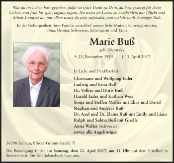 Traueranzeige von Marie Buß 