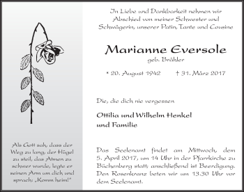 Traueranzeige von Marianne Eversole 
