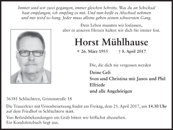 Traueranzeige von Horst Mühlhause 
