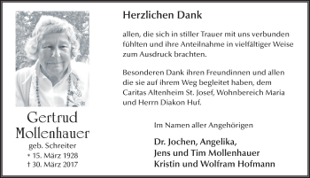Traueranzeige von Gertrud Mollenhauer 