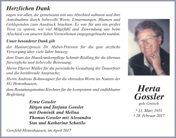 Traueranzeige von Herta Gossler 