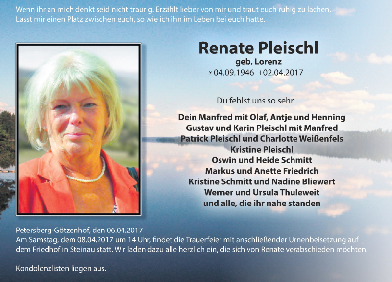  Traueranzeige für Renate Pleischl vom 06.04.2017 aus 