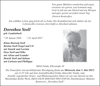 Traueranzeige von Dorothea Stoll 