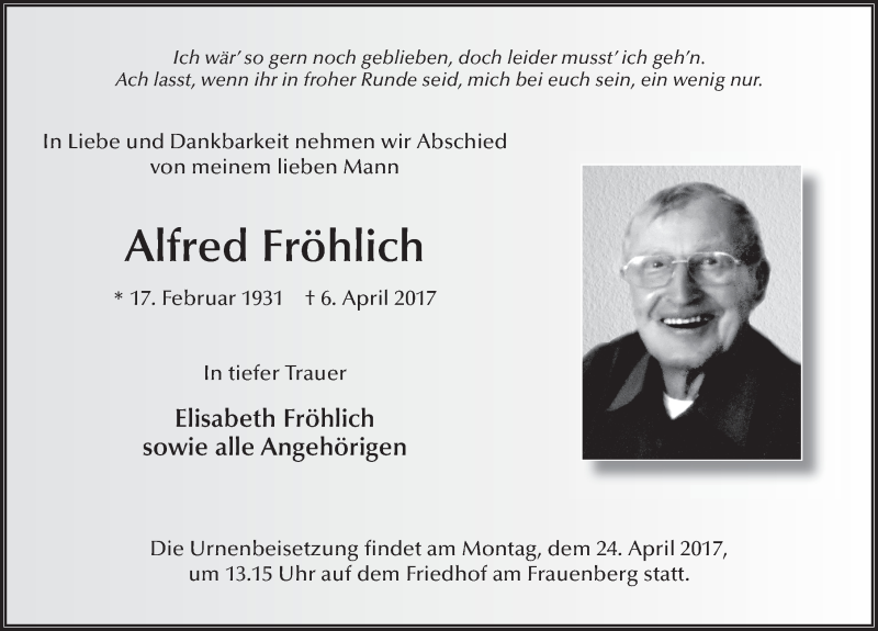  Traueranzeige für Alfred Fröhlich vom 11.04.2017 aus 