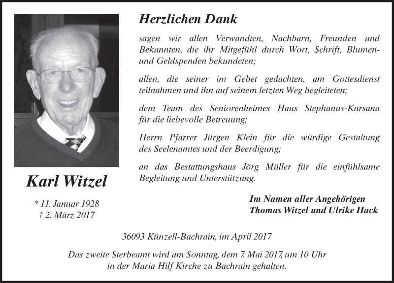  Traueranzeige für Karl Witzel vom 29.04.2017 aus 