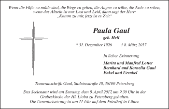 Traueranzeige von Paula Gaul 