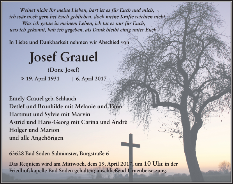  Traueranzeige für Josef Grauel vom 11.04.2017 aus 