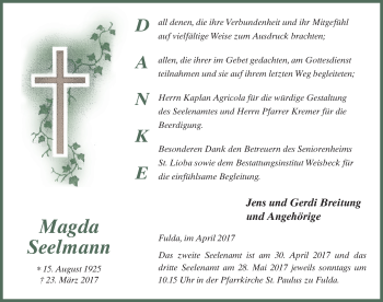 Traueranzeige von Magda Seelmann 