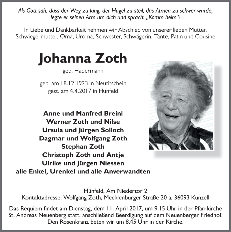  Traueranzeige für Johanna Zoth vom 08.04.2017 aus 