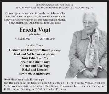 Traueranzeige von Frieda Vogt 