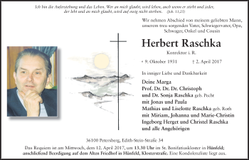 Traueranzeige von Herbert Raschka 