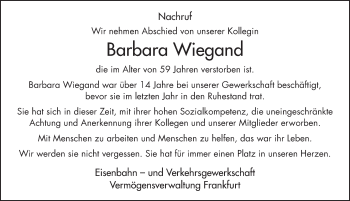Traueranzeige von Barbara Wiegand 