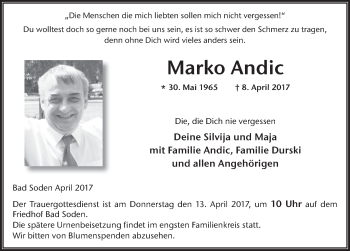 Traueranzeige von Marko Andic 