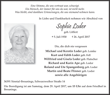 Traueranzeige von Sophie Loder 