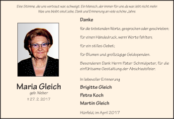 Traueranzeige von Maria Gleich 