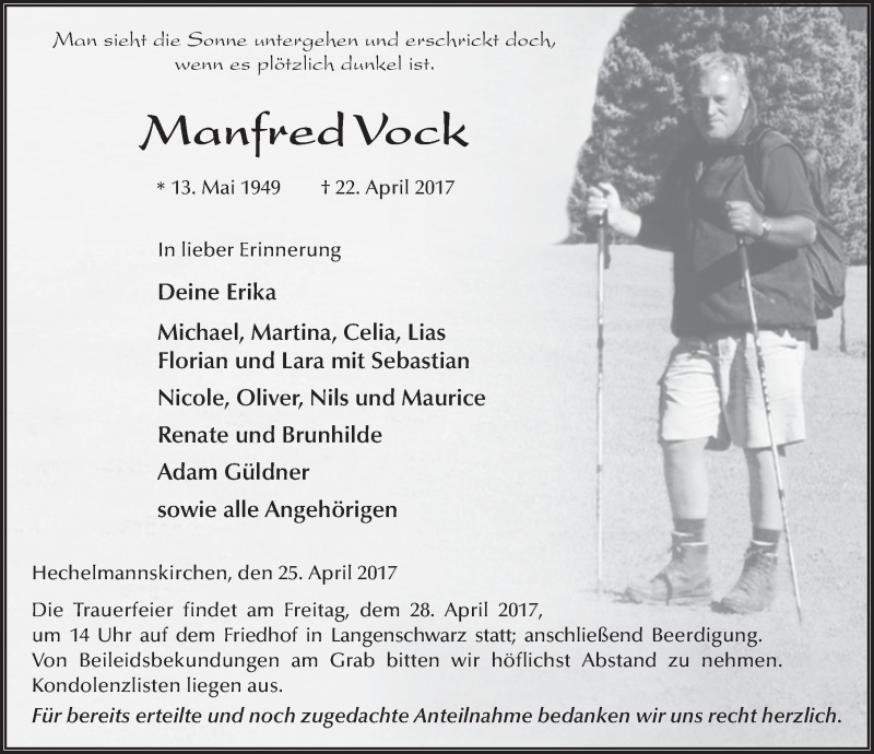  Traueranzeige für Manfred Vock vom 25.04.2017 aus 