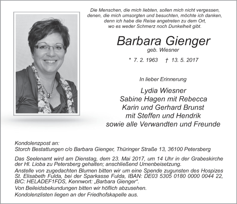  Traueranzeige für Barbara Gienger vom 18.05.2017 aus 
