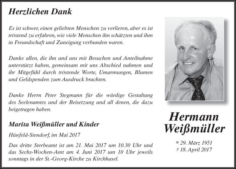  Traueranzeige für Hermann Weißmüller vom 13.05.2017 aus 