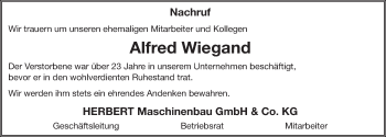 Traueranzeige von Alfred Wiegand 