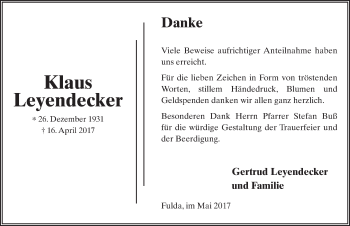 Traueranzeige von Klaus Leyendecker 