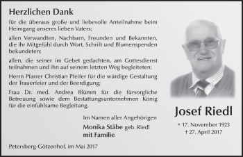 Traueranzeige von Josef Riedl 