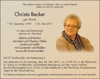 Traueranzeige von Christa Becker 