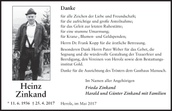 Traueranzeige von Heinz Zinkand 