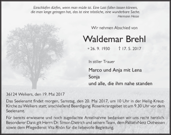 Traueranzeige von Waldemar Brehl 